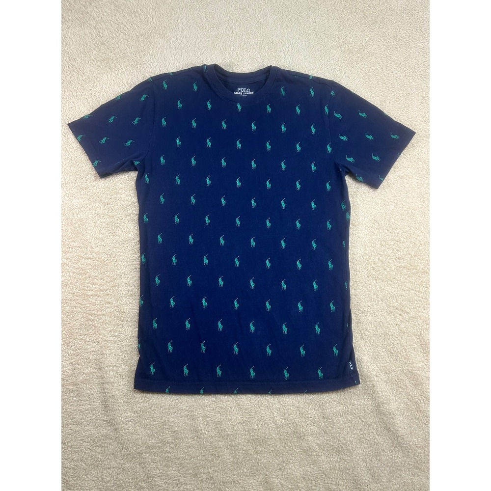Polo Ralph Lauren All Over Pony Logo T‎ Shirt Navy Green Mens Small S